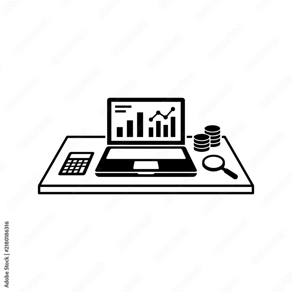 Fototapeta premium Minimalist vector illustration of business desk setup with laptop graphs