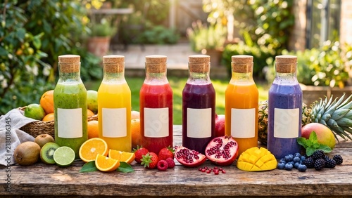 Assortment of Fresh Organic Cold Pressed Juices in Glass Bottles abstract background with flowing shapes and lines