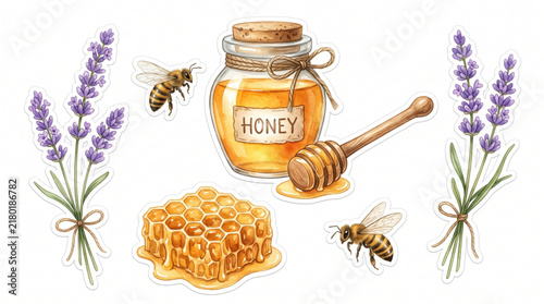 Hand Painted Watercolor Illustration of a Honey Pot and Buzzing Bees Isolated on White Background