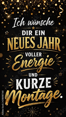 Gold new year greeting with glitter confetti on black