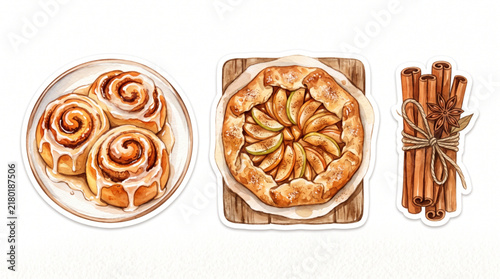 Watercolor Illustration Collection of Fall Baked Goods featuring Autumn Pastries Pies and Bread for Seasonal Harvest Design