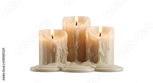 Konstfotografi Three burning wax candles with melting drips isolated on transparent background for cozy atmospheric scenes
