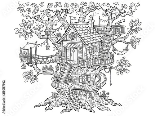 A detailed, intricate black and white illustration depicts a whimsical treehouse nestled within a large, ancient oak tree.