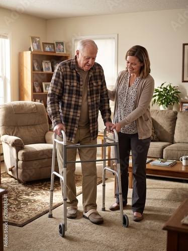 Caregiver helping senior man with walker at home in living room