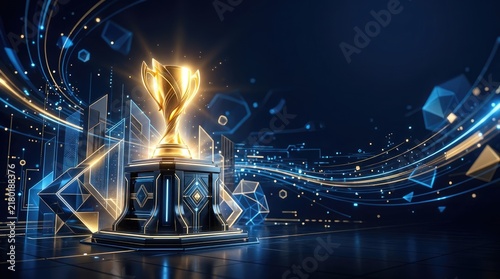 A golden trophy stands prominently on a futuristic pedestal, illuminated by vibrant blue and gold light streaks.