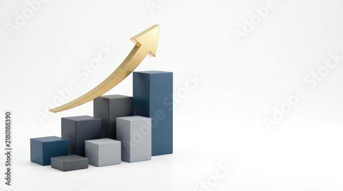A 3D rendered graph shows an upward trend. The graph consists of a staircase with several colored blocks and a golden arrow pointing upwards.