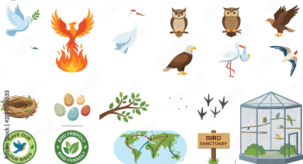 Fototapeta premium Collection of Bird Species and Avian Conservation Vector Illustration Set Including Eagle Owl Phoenix Nest and Migration Map