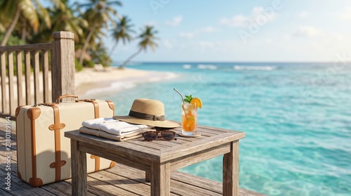 Travel Essentials Arranged on Sunny Beach Table