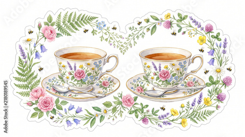 Elegant Botanical Floral Pattern with Vintage Teacups and Blooming Flowers Illustration Vector Background
