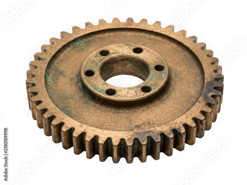 Old rusty metal gear wheel isolated on white background for industrial machinery concepts