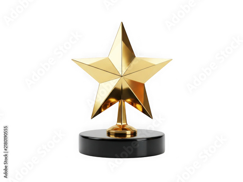 Golden star trophy award on black base isolated on white background