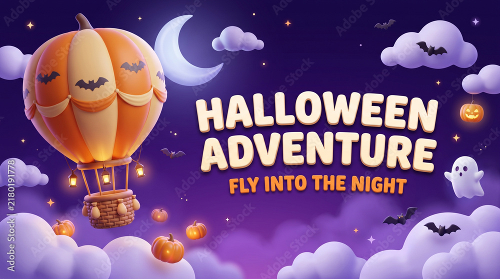 Naklejka premium Halloween adventure banner with cute pumpkin hot air balloon flying among clouds night sky crescent moon bats and ghost on purple background