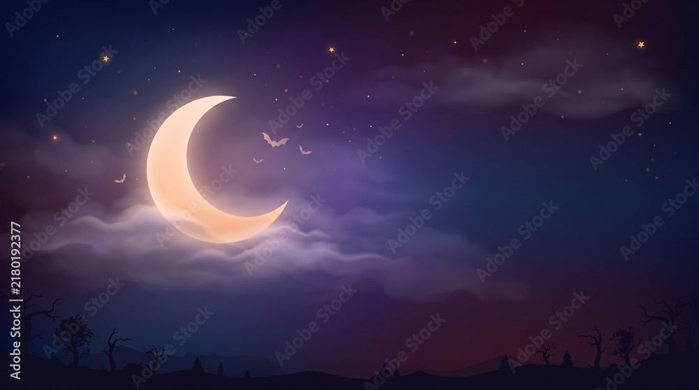 Obraz premium Spooky Halloween night background with glowing crescent moon shining bright over purple cloudy sky flying bats and dark scary forest silhouette landscape