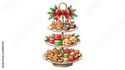 Elegant High Tea Tiered Stand with Sweets Desserts Pastries and Macarons Vector Illustration for Cafe Menus and Afternoon Tea Party Catering Design