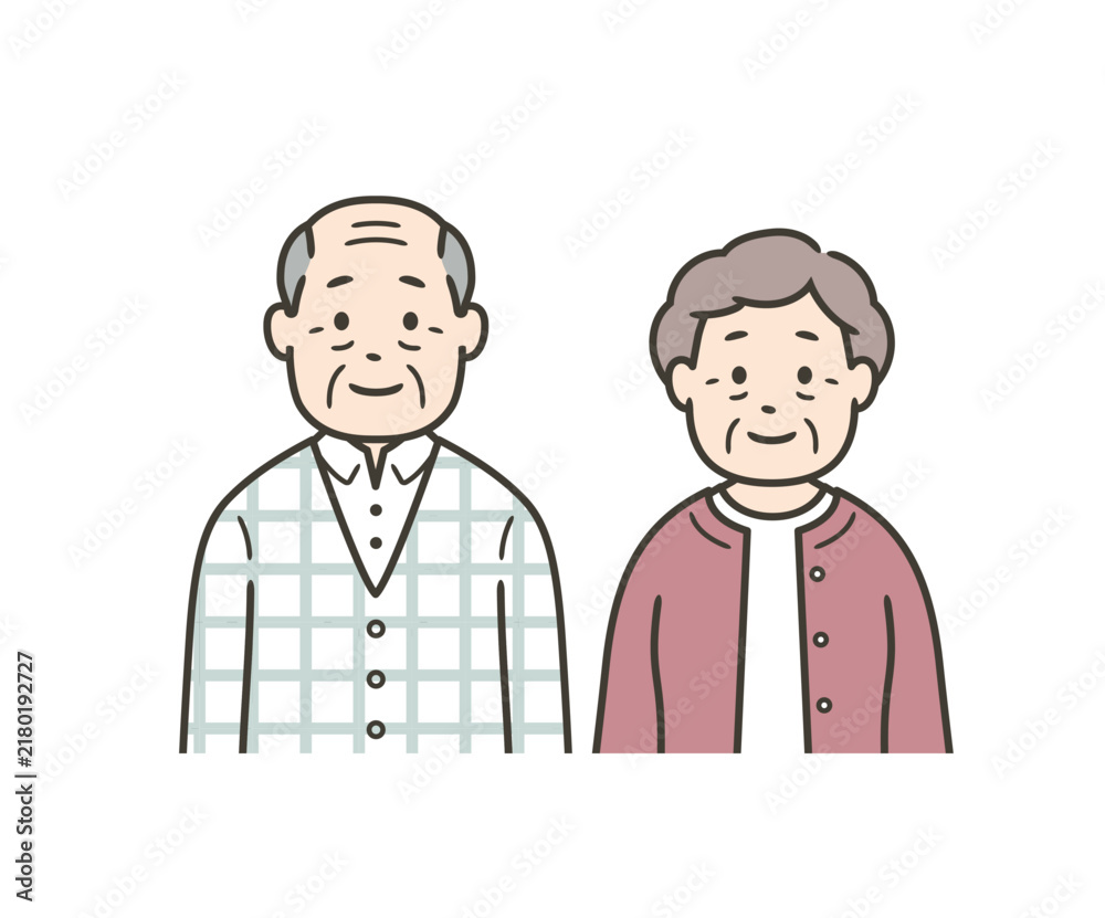 Fototapeta premium 後期高齢者男女の夫婦が並んで立っている上半身イラスト 