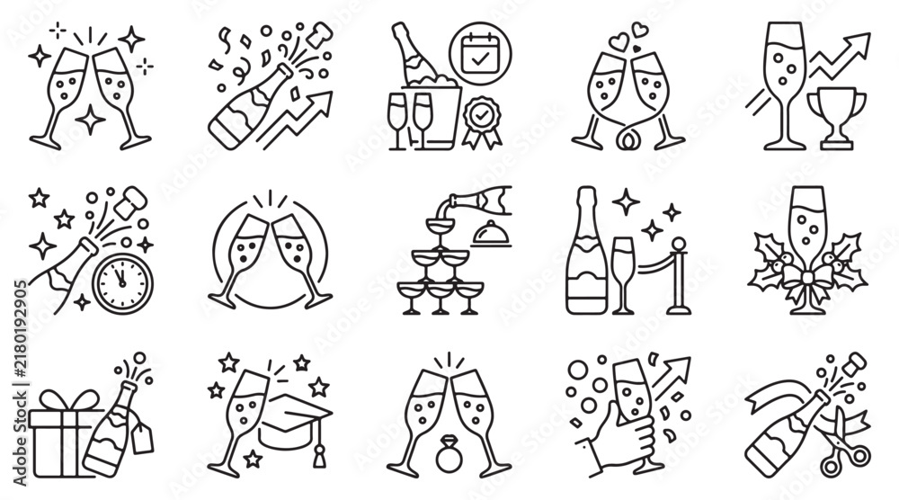 Fototapeta premium Set of thin line icons featuring champagne bottles glasses celebration events party toasts holidays success and festive lifestyle linear illustrations