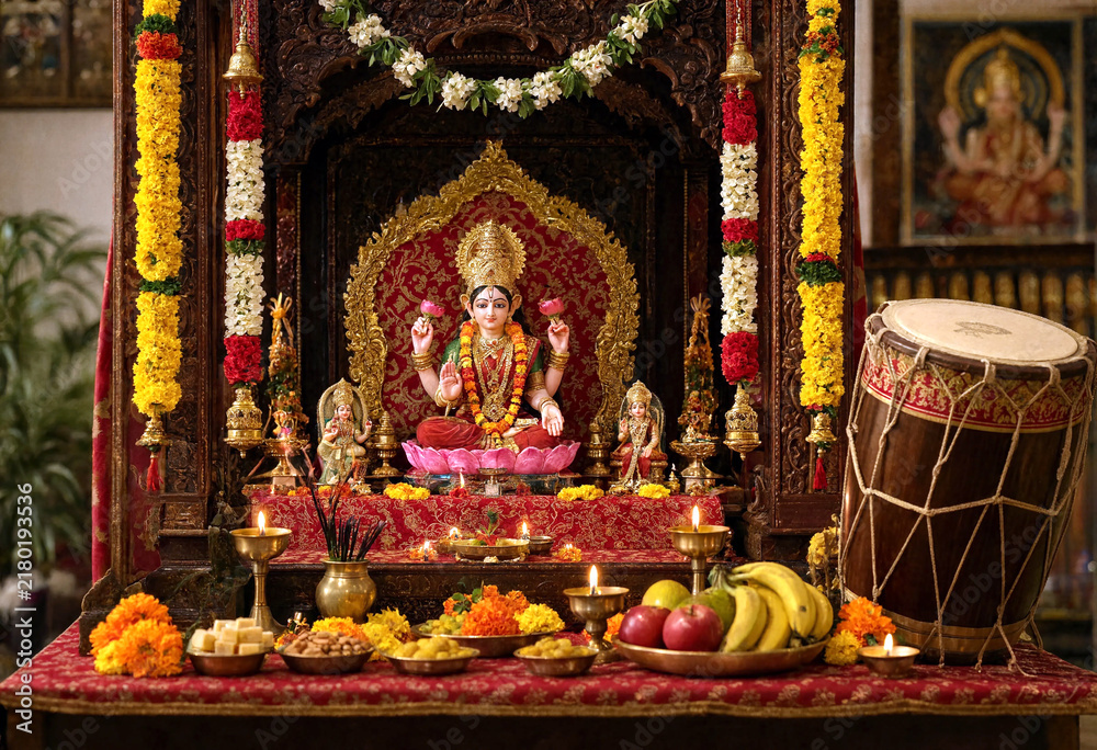 Fototapeta premium Traditional Hindu altar with goddess statue flowers fruits and ritual items for worship ceremony