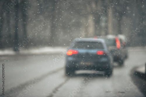 Abstract Night Traffic Bokeh in Snowy Winter