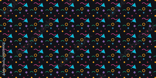 Seamless Memphis Geometric Pattern with Colorful Shapes on Dark Background Vector
