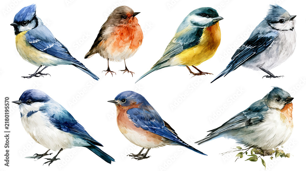 Obraz premium Forest bird collection, detailed watercolor clipart with soft shadows and clean edges, isolated PNG on transparent background