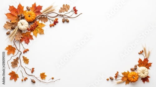 Autumn harvest border frame with colorful fall leaves and small pumpkins on a white background