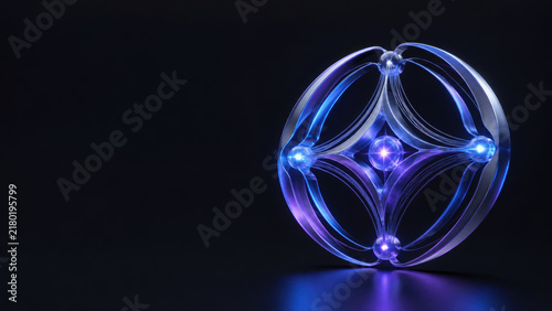 Blue luminous geometric sphere with exclusive insignia illustrations glowing against dark background