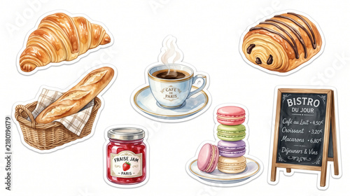 Watercolor Parisian Bakery Sticker Illustration Isolated on White Background Vector EPS Format