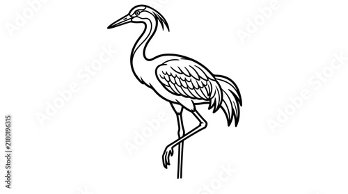Crane bird line art illustration for coloring page or vector graphic design element.