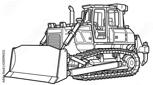 Bulldozer line art illustration for coloring page, heavy construction vehicle outline drawing.