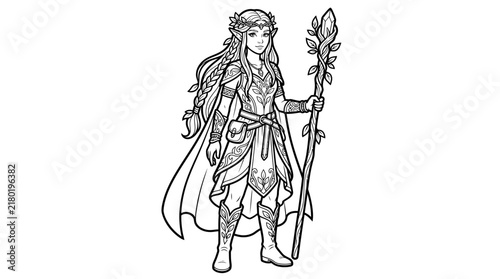 Fantasy elf woman with magic staff, black and white line art coloring page for kids.
