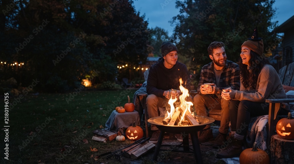 Fototapeta premium Group of friends gathered closely around a warm glowing campfire outdoors at night during a chilly autumn evening, with copy space.