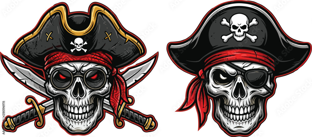 Fototapeta premium Pirate Skulls with Crossed Swords and Tricorne Hats Featuring Skull, Hat