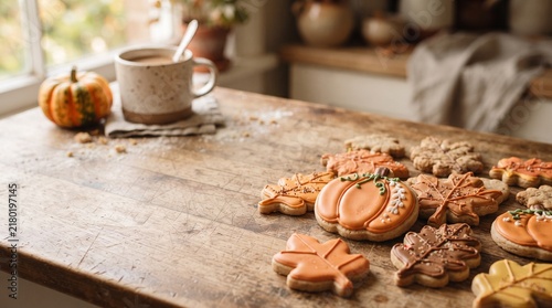 Warm cup of coffee resting on a rustic wooden tabletop next to homemade pumpkin-shaped autumn cookies and pastries, with copy space.