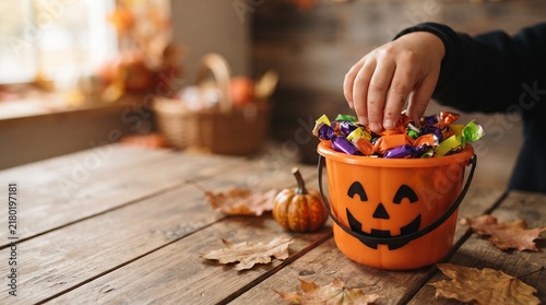 Close-up of a hand reaching into a smiling jack-o-lantern bucket filled with Halloween candy on a rustic wooden table, with copy space.