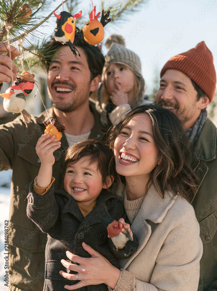 Fototapeta premium Happy multicultural family with children decorating tree branches with handmade bird toys outdoors in winter