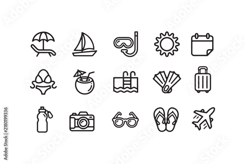 Summer Vacation Line Icon Set for Beach Travel and Tropical Holiday Design