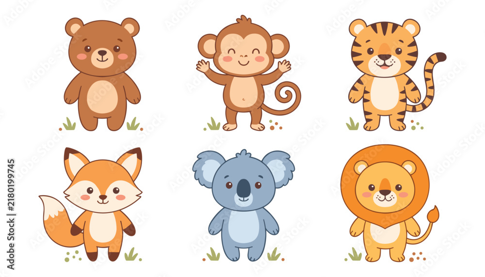 Obraz premium Cute baby animals vector character collection featuring adorable cartoon bear monkey tiger fox koala and lion isolated design elements