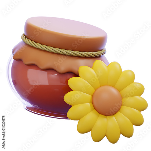 Beautiful 3D render of a honey jar decorated with a cute flower, ideal for UI design, branding, and microstock platforms.