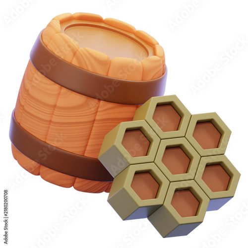 Detailed 3D illustration of a rustic honey barrel, ideal for mobile app icons, landing pages, and commercial microstock assets.