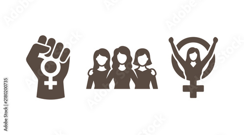 Feminism symbol icons featuring a raised fist with female sign a group of women a female empowerment emblem feminism empowerment equality sisterhood illustration