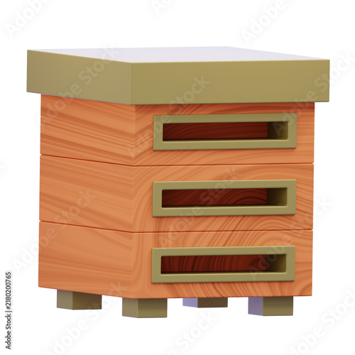 Professional 3D render of a charming wooden bee hive, perfect for UI/UX design, mobile app icons, and e-commerce visuals.