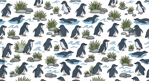 Hand-drawn penguin seamless pattern, cute arctic bird vector illustration, wildlife repeat background with rocks and grass