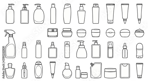 Cosmetic bottle line icons, 38 beauty packaging vector elements, minimalist skincare container outlines for product design and branding