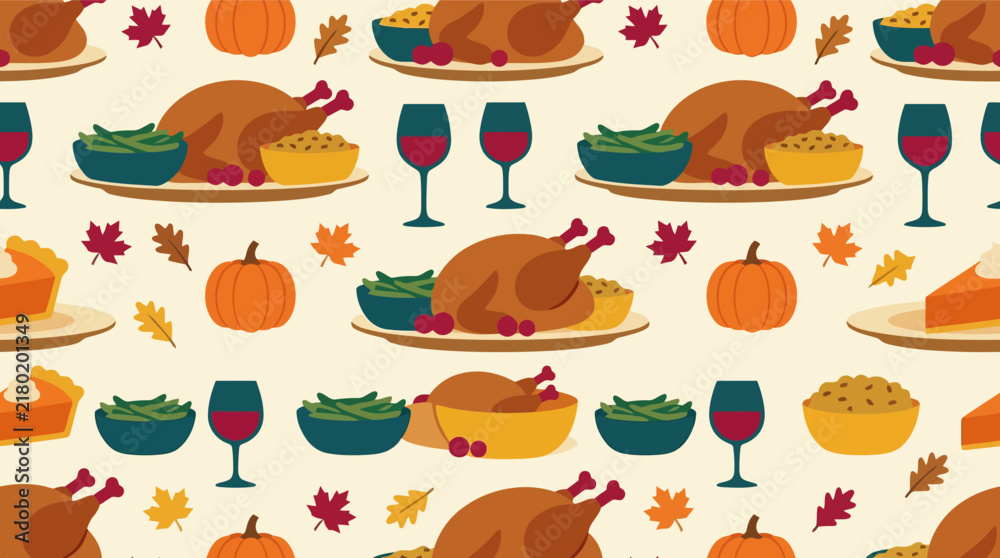 Fototapeta premium Thanksgiving Dinner Seamless Pattern with Roasted Turkey and Autumn Leaves Illustration
