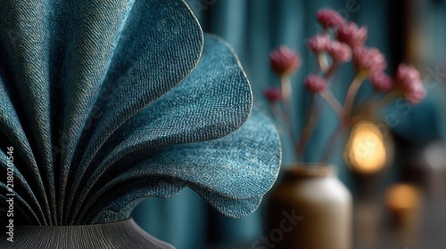 Close-up of blue fabric sculpted like petals, with blurred floral arrangement