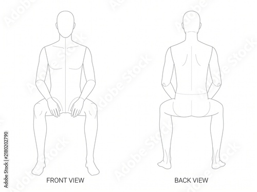 Front and Rear Seated Male Anatomy Drawing With Detailed Body Proportions and Neutral Upright Posture