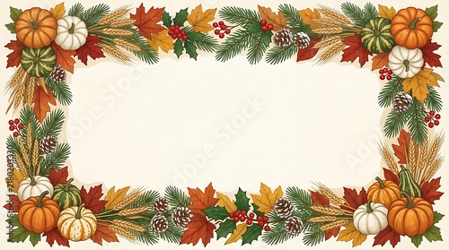 Cozy autumn and winter holiday border design with pumpkins, pinecones, and colorful leaves
