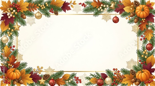 Festive seasonal holiday border featuring autumn leaves, pine branches, and gold baubles