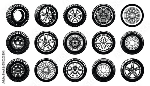 Obraz na plátně Car wheels and tires vector set with various alloy rims offroad treads transport