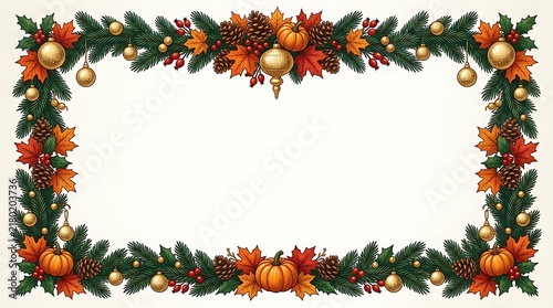 Holiday invitation border with golden ornaments and pumpkins for autumn and winter festivities